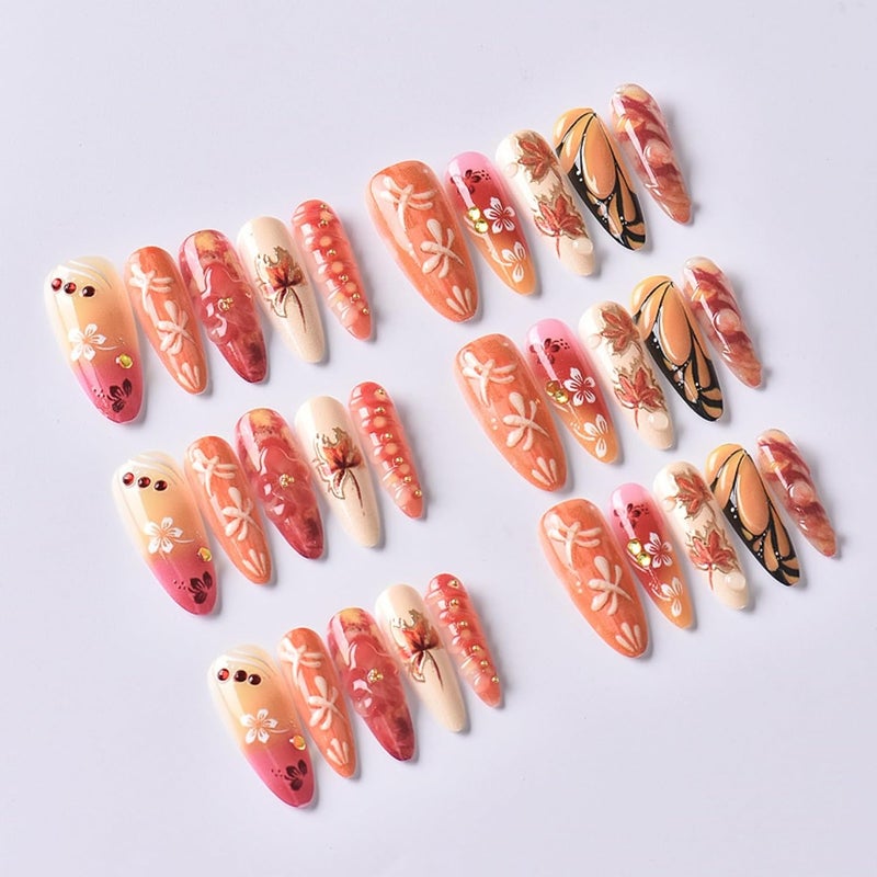 SEENEEY Fall Long Press on Nails Almond Fake Nails Red Maple Leaves Designs Artificial Nail Black Butterfly Designs Floral Stick on Nail for Women 30pcs - Image 4